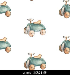 Retro-Autospielzeug nahtloses Muster für Baby-Tapeten, Textildesign. Handgezeichneter rustikaler Vintage-Hintergrund mit Cartoon Cute Vehicles cli Stockfoto