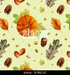 Aquarellmuster im Herbst mit Blättern, Kürbissen und Macadamia-Nüssen auf hellgrünem Hintergrund, große Objekte Stockfoto