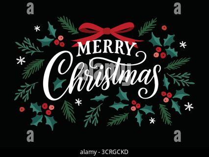 Fröhliche Weihnachtsgrußkarte Einladungsbanner. Designvorlage für Vektorabbildungen. Handgezeichnete holly-Zweige, Blumen, rote Schleife. Schriftzug Stock Vektor
