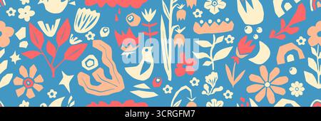 Boho organisches Schnittpapier nahtloses Muster mit Vögeln, Blumen und botanischen Formen - pastellfarbene florale Elemente auf blauem Hintergrund. Collage im Folk Art-Stil für Textilmotive oder dekorative Tapetendrucke. Stock Vektor