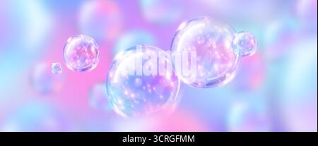 Ätherische Funkelblase bg mit schwebenden irisierenden Kugeln auf pastellfarbenem Hintergrund für traumhaftes ästhetisches Design. Lichtdurchlässige holografische Kugeln mit rosa und blauem Glanz für Beauty-Wellness-Grafiken Stock Vektor