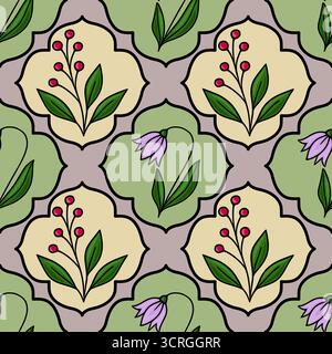 Nahtloses Vektormuster mit stilisierten Blumenmotiven mit roten Beeren und lila glockenförmigen Blumen auf einem pastellfarbenen Hintergrund. Stock Vektor