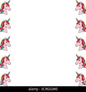 Skurriler Vektorrahmen mit pastellrosa Einhornköpfen mit Regenbogenmähnen und goldenen Hörnern, symmetrisch auf einem sauberen weißen Hintergrund angeordnet, pe Stock Vektor