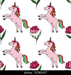Nahtloses Vektormuster von verspielten rosa Einhörnern mit Regenbogenmähnen und Schwänzen, umgeben von stilisierten blühenden Blumen und grünen Blättern auf einem weißen bac Stock Vektor