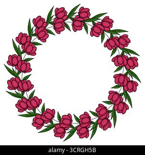 Eleganter Vektor-Blumenkranz aus tiefrosa Tulpenblüten und leuchtend grünen Blättern, die einen dekorativen runden Rahmen schaffen. Stock Vektor