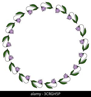 Zarte Vektor-Illustration eines runden Rahmens, der aus stilisierten lila Glockenblumen mit grünen Blättern besteht, handgezeichneter Stil. Stock Vektor