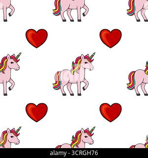 Nahtloses Vektormuster mit niedlichen rosa Einhörnern mit Regenbogenmähnen und Schwänzen, durchsetzt mit leuchtenden roten Herzen auf einem sauberen weißen Hintergrund. Stock Vektor