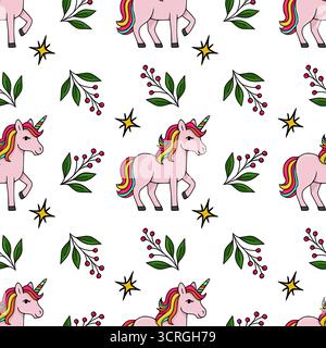 Nahtloses Vektormuster mit bezaubernden rosa Einhörnern mit leuchtenden Regenbogenmähnen, durchsetzt mit Zweigen roter Beeren und stilisierten gelben Sternen Stock Vektor