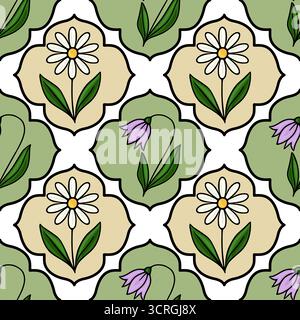 Nahtloses Vektormuster von zarten Gänseblümchen und Glockenblumen mit grünen Blättern auf einem Vierfach-Folienhintergrund. Stock Vektor