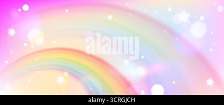 Regenbogenbogen mit Stern funkelt nach Regen auf rosa Himmelsverlaufshintergrund des Einhorns für magische Designs. Traumhafte Spektrumkurve mit schwebenden Liebesglitzern. Fantasy Pastellatmosphäre Illustration. Stock Vektor