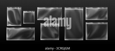 Beutel mit Reißverschluss und transparenten Kunststofftaschen und Verschlussstreifen zur Aufbewahrung. Wiederverschließbare Behälter in verschiedenen Größen für Lebensmittel oder kleine Gegenstände. Leere Verpackungsmodelle mit luftdichtem Verschlusssystem. Stock Vektor