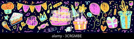 Buntstift Geburtstagsparty-Muster auf schwarzem Hintergrund. Vektor-Karikaturillustration von Hand gezeichneter Geschenkbox, Kuchen, Ferienhut, Farbe Konfetti, Luftballons, Süßigkeiten, Sterne und Krone, süßes B-Day-Design Stock Vektor