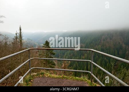 Dieses eindrucksvolle Foto zeigt eine dramatische nebelige Berglandschaft im Schwarzwald, Deutschland, mit dichten immergrünen Wäldern und zerklüfteten Felsen Stockfoto
