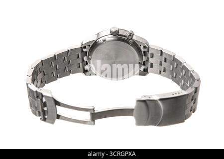 Rückansicht einer Edelstahluhr mit Metallarmband und schließe, isoliert auf weiß. Stockfoto