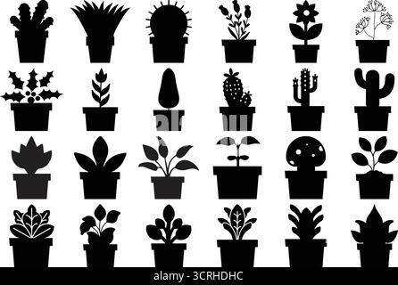 Topfpflanzen Silhouette Icons Set aus Innen- und Dekorative Pflanzen Stock Vektor