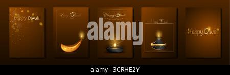 Happy Diwali Festival of Lights India Celebration Set Vorlage. Vertikale Banner Design von indischen Diya Öl Lampen, modernes Design in Goldfarbe. Vektor Stock Vektor