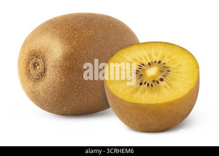 Ganze goldene Kiwi-Früchte und in der Hälfte getrennt geschnitten mit Schnittpfad, Stockfoto