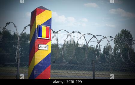 Grenzposten mit Flagge Rumäniens - 3D-Illustration Stockfoto