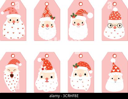 Schneiden Sie Vektor-Geschenkanhänger in rosa und roten Farben mit Cartoon Hipster Santa Gesichtern Stock Vektor