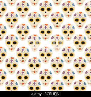Sugar Skulls festlich dekoriert nahtlose Muster Tag der Toten oder andere mexikanische Feiertage Hintergrund. Isolierte Vektor-Illustration mexikanische Themenkarten Hintergrund Banner, Faltblatt, Etikett, Preis, Poster Stock Vektor