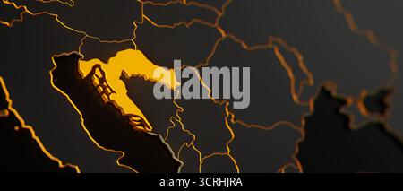 Goldene Kroatien 3D-Karte umgeben von anderen Ländern in Schwarz mit goldenen Grenzen und flachem dof. Politische Landkarte Europas mit Grenzen Stockfoto