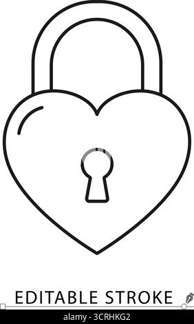 Ein herzförmiges Vorhängeschloss im minimalistischen Linienstil mit bearbeitbarem Strich. Liebessymbol, romantische Sicherheit, valentinstag Geschenk, Hochzeitsverpflichtung Stock Vektor