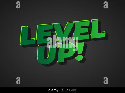 Eine auffällige, dreidimensionale Textgrafik mit dem Satz LEVEL UP! Grün vor dunklem Hintergrund. Stock Vektor