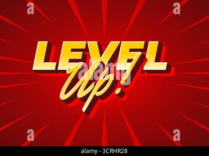 Eine lebendige Grafik mit dem Satz „LEVEL UP“! In auffälliger, stilisierter Typografie. Der Hintergrund ist ein dynamisches Rot mit strahlenden Linien, wodurch ein Eng erzeugt wird Stock Vektor