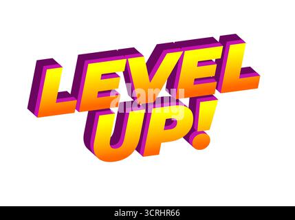 Farbenfroher 3D-Text mit der AUFSCHRIFT „LEVEL UP“! Mit einem Farbverlauf von Orange zu Violett Stock Vektor
