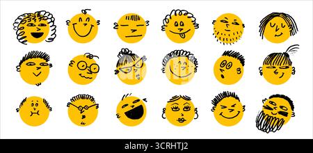 Doodle Face Set mit handgezeichneter Bleistifttextur auf gelben Kreisen. Verschiedene Menschen, Lächeln und lustige Ausdrücke im verspielten Vektorstil Stock Vektor