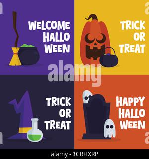 Festliche Halloween-Grafik im Cartoon-Stil und lebendige Hintergründe mit Hexenhut, Kürbis, Grabstein und Kessel, ideal für Post in sozialen Medien. Stock Vektor