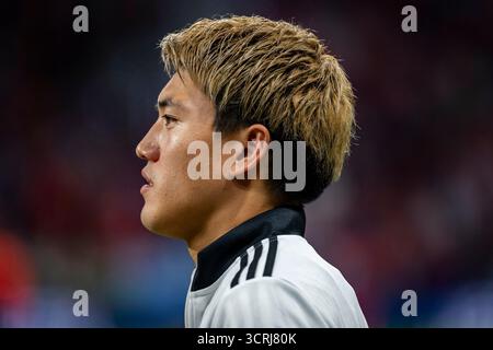 Madrid, Madrid, Spanien. 30. September 2025. Ritsu Doan von Eintracht Frankfurt tritt am 30. September 2025 beim Spiel der UEFA Champions League 2025/26 Phase MD2 zwischen Atletico de Madrid und Eintracht Frankfurt im spanischen Estadio Riyadh Air Metropolitano in Madrid ein. (Kreditbild: © Alberto Gardin/ZUMA Press Wire) NUR REDAKTIONELLE VERWENDUNG! Nicht für kommerzielle ZWECKE! Stockfoto
