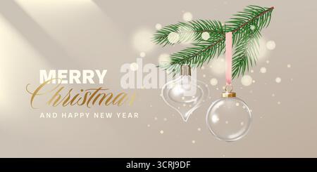 Weihnachtsbanner mit transparenten Glaskugeln, die an einem Tannenzweig hängen. Vektorabbildung im 3D-Stil Stock Vektor