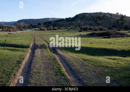 Feldweg durch ein grasbewachsenes Feld mit Hügeln im Hintergrund. Stockfoto