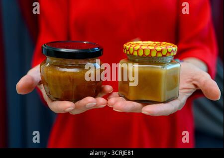 Natürlicher Honig in Glasgläsern, die von einer Frau gehalten werden. Nahaufnahme weiblicher Hände, die Gläser mit natürlichem Honig oder Marmelade anbieten Stockfoto