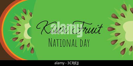 Poster zum Kiwi-Tag. Verkauf horizontaler Hintergrund mit Zeichentrickfilm Kiwi Frucht auf grünem Hintergrund mit Kopierraum für Text. Vektorabbildung. Stock Vektor