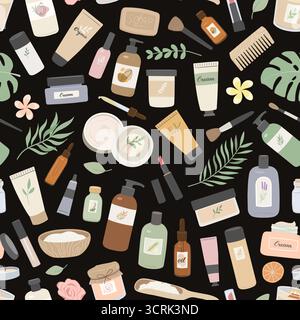 Nahtloses Muster mit Bio-Kosmetik, Creme, Lotion, Shampoo, ätherischem Öl, Make-up, Meersalz. Haut- und Haarpflegeprodukte und tropische Blätter flach Stock Vektor