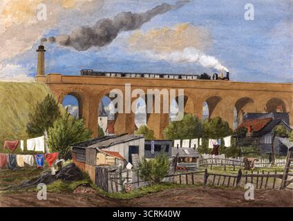 Ein Landschaftsgemälde des London Chatham and Dover Railway Viadukts in Saint Mary Cray Kent 1881 von George Buchanan Wollaston, historische Skyline-Aquarelle, Gouache und Graphit, Kunstwerke, Antiquitätendruck Vintage Stockfoto