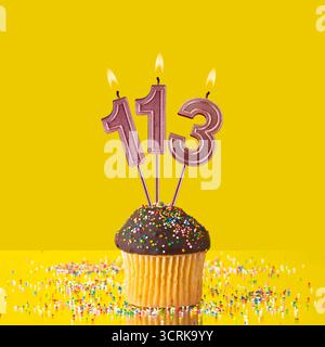 Nummer 113 Kerze - Geburtstagskerze mit Schokoladen-Cupcake Stockfoto