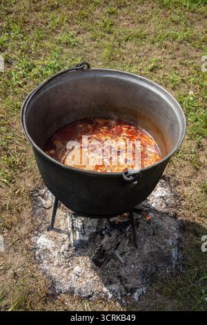 Ein großer Topf, wie ein Kessel, auf einem Stativ über einem offenen Feuer, in dem eine Schüssel zubereitet wird. Das scheint ein Gulasch (Gulyás) zu sein, eine deftige Suppe Stockfoto