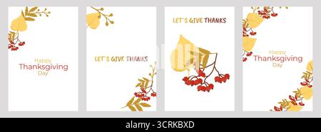 Thanksgiving-Poster-Set mit festlichem Herbstdesign. Für Werbematerial für Weihnachtsdekorationen in sozialen Medien und saisonale Einladungen. Vektorabbildung Stock Vektor