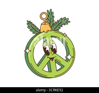Cartoon grooviges weihnachtliches grünes Friedenszeichen mit einem lächelnden Gesicht und ausdrucksstarken Augen, verziert mit einer goldenen Hängeschlaufe und Kiefernzweigen. Vektor fröhliche und festliche Weihnachtshippie-Symbolfigur Stock Vektor