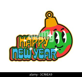 Weihnachten und Happy New Y2K grooviger Aufkleber oder Tag. Neues Jahr funky Y2K-Label, Vektor-Patch für Winterfeiertage. Weihnachtsaufkleber mit Weihnachtsbaumkugel, lustiger Charakter und Typografie Stock Vektor