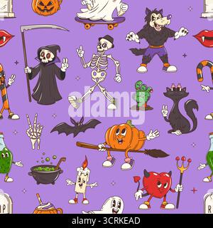 Groovige Halloween-Charaktere nahtloses Muster mit Kürbis auf Besen, grimmigem Sensenmann, Werwolf, Vampirzähnen, Fledermaus, Kessel und gruselige Hände. Skelett, Zombiearm oder schwarze Katze. Vektor-niedlicher Kachelhintergrund Stock Vektor