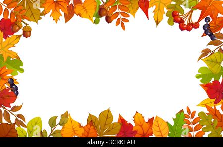 Herbstherbstlaub Rahmen mit Waldbeeren, Vektor Erntefeiertag Thanksgiving. Herbstlich orange und rote Blätter von Ahorn, Eichen und Kastanienbäumen, Eicheln und Heidelbeeren umrahmen die Grenzen Stock Vektor