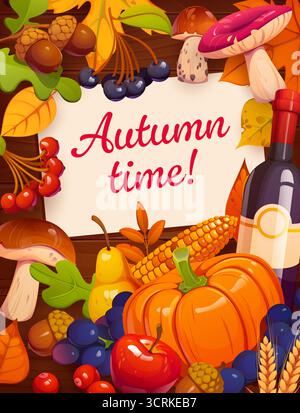 Happy Herbstsaison-Poster mit Kürbis, Pilzen, Weinflasche, Trauben, Äpfeln, Birnen und Eicheln um ein Pergamentpapier herum. Vektor-Herbstbanner mit saisonalen Früchten, Gemüseblättern und Beeren Stock Vektor