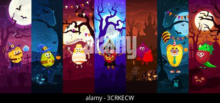 Zeichentrickfiguren auf Halloween-Collage. Niedliche Vektorfrüchte in lustigen Kostümen von Hexen, Piraten, Teufeln, Mumien, Clowns und Drachen in gruseligen Friedhof-Hintergründen, die Partyfeiertage feiern Stock Vektor