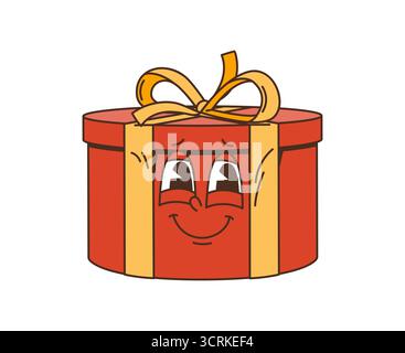 Retro-Cartoon groovige Weihnachtsfigur in roter Geschenkbox, gebunden mit einem großen gelben Band und einer Schleife. Isoliertes Vektor-festliches Geschenk mit niedlichem lächelndem Gesicht. Y2K-Paket-Personage feiert Feiertage Stock Vektor