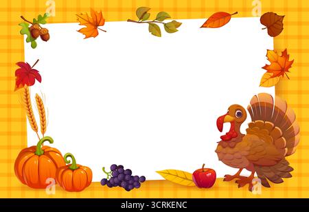 Happy Thanksgiving Day Banner mit Rahmen von truthahn und Herbstlaub, Vektorplakat. Thanksgiving Day Grußkartenschablone mit Kürbis, Mais und Apfel oder Traubenernte in Ahorn- und Eichenblattrahmen Stock Vektor