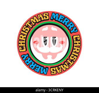 Frohe Weihnachtsfeier Y2K grooviger Aufkleber oder Aufkleber. Happy Xmas grooviger Y2K Aufkleber, Weihnachtsfeier 60er Jahre Vintage Vektor Patch. Neujahrslabel mit Weihnachtsmann-Gesicht und farbenfroher Typografie Stock Vektor